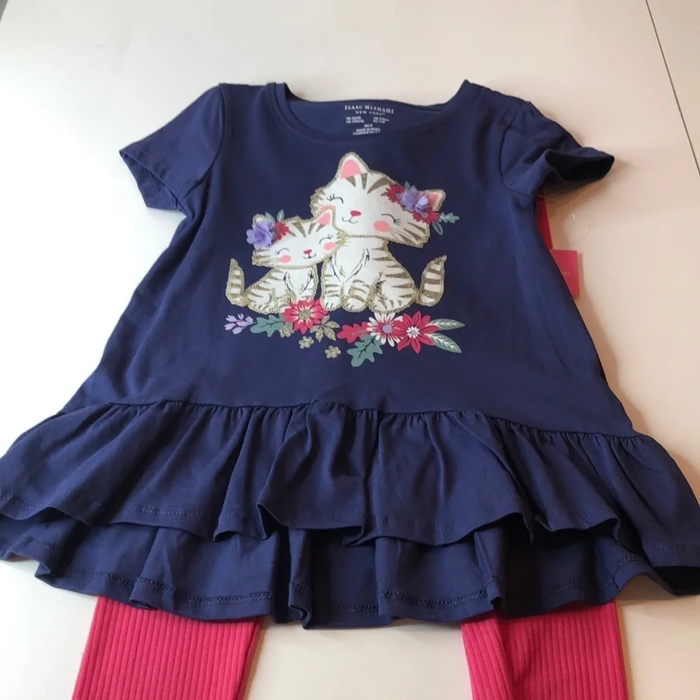 NWT ISAAC MIZRAHI Cute Blue Top Cat Print  W Sequins Tand Pink Leggings Set